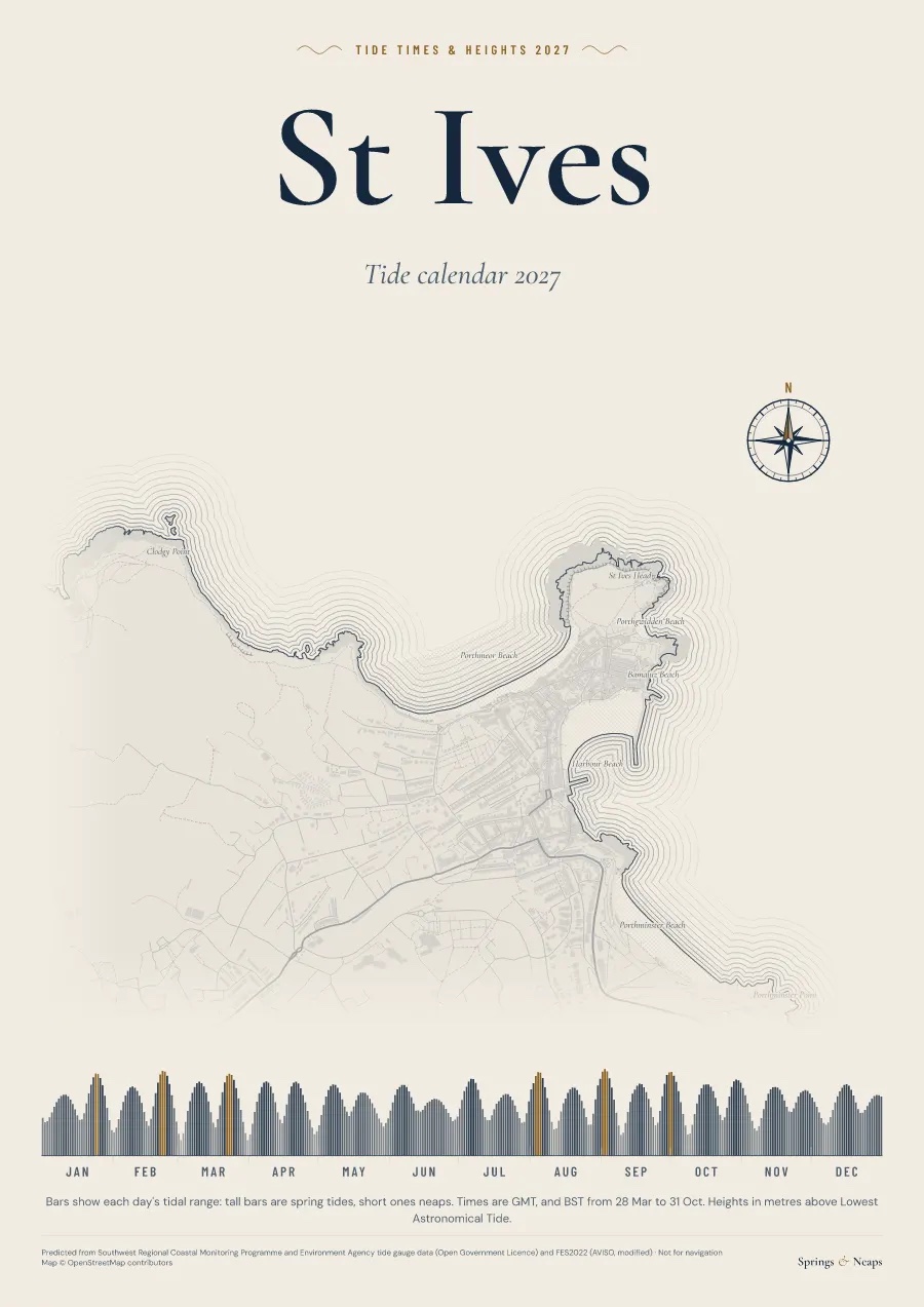 The cover of a St Ives tide calendar for 2027, with a chart of the bay and a bar for every day's tidal range