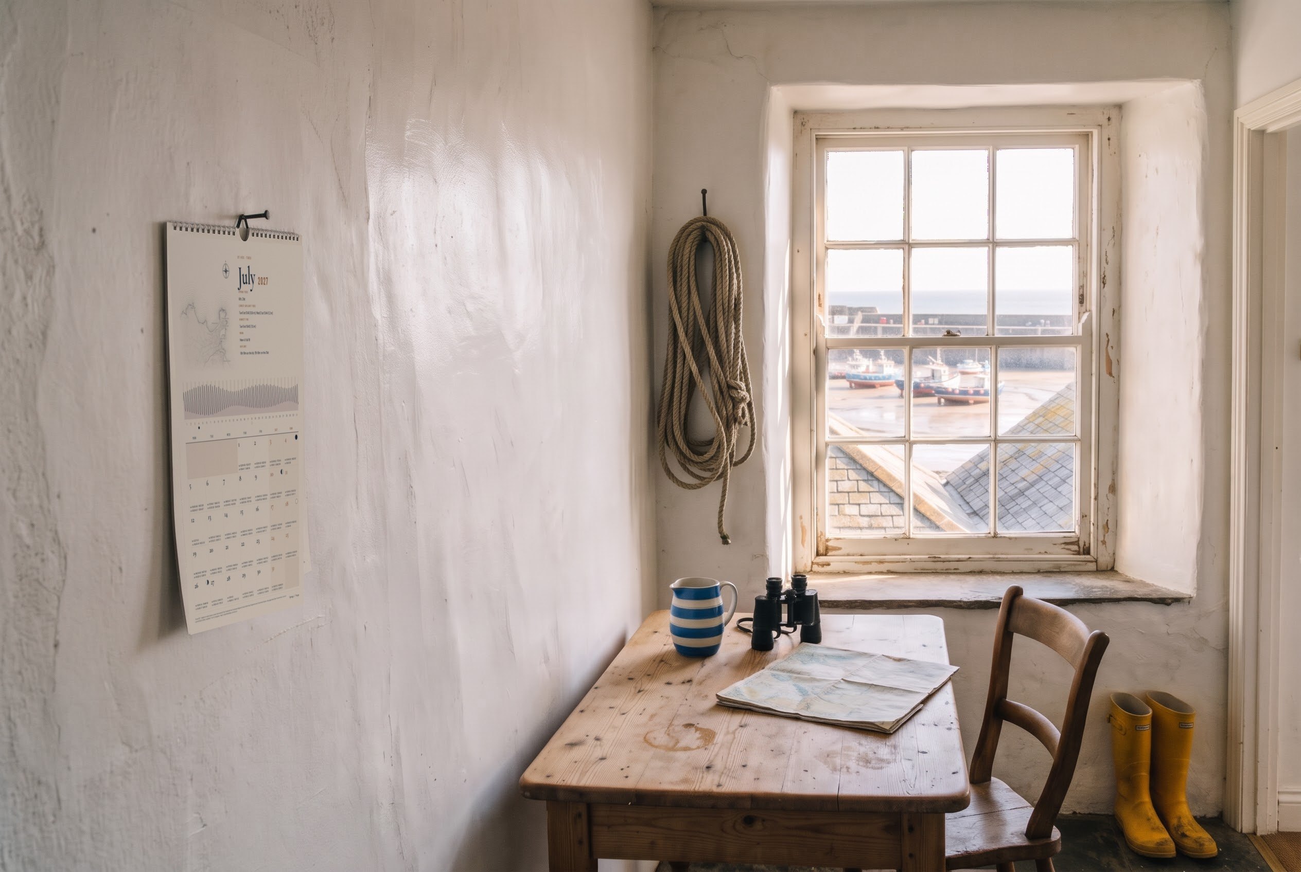 A St Ives Nauti-cal tide calendar hanging on a nail in a harbour cottage, boats on the sand outside