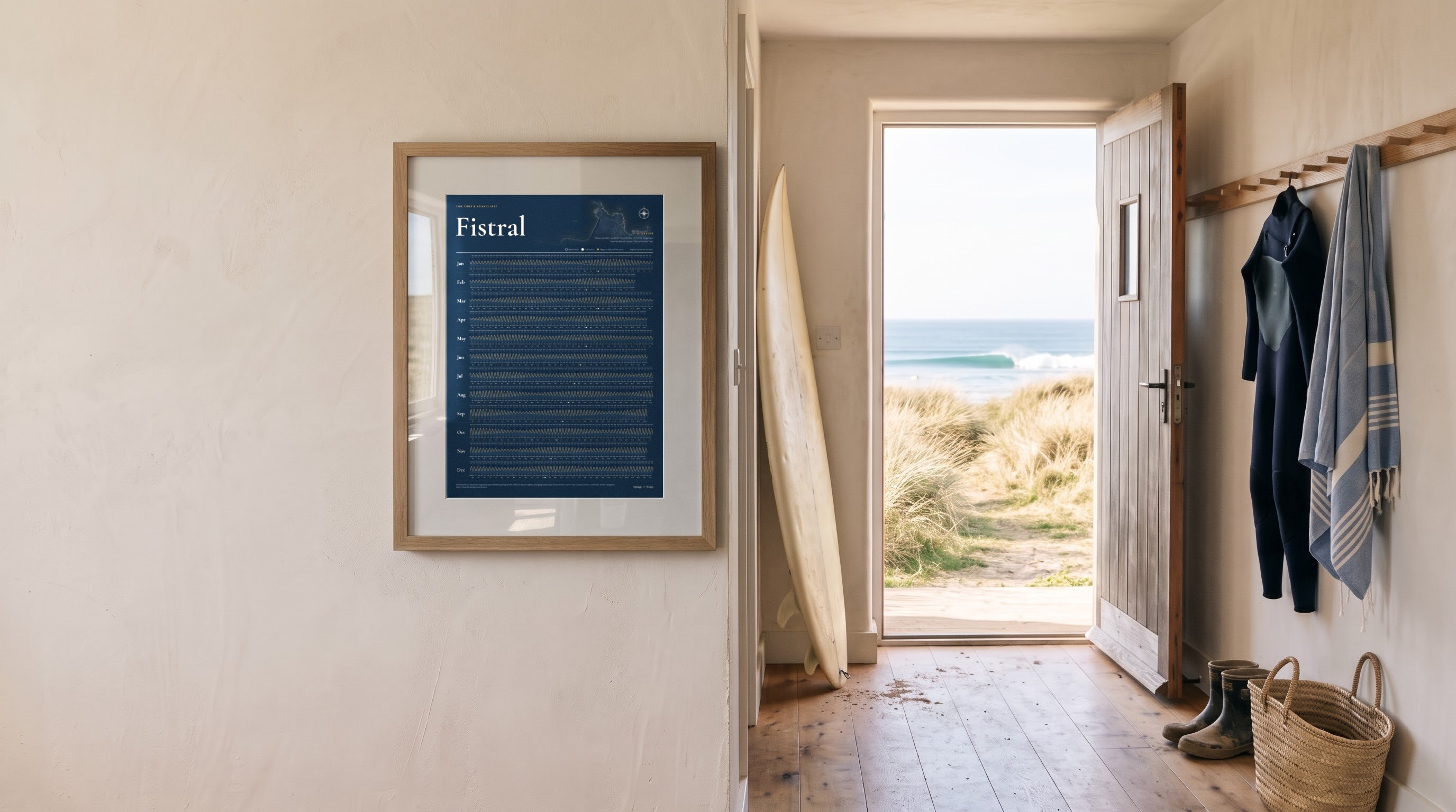 A Fistral tide poster in an oak frame in a hallway, the back door open onto the dunes and a breaking wave, a surfboard and wetsuit beside it