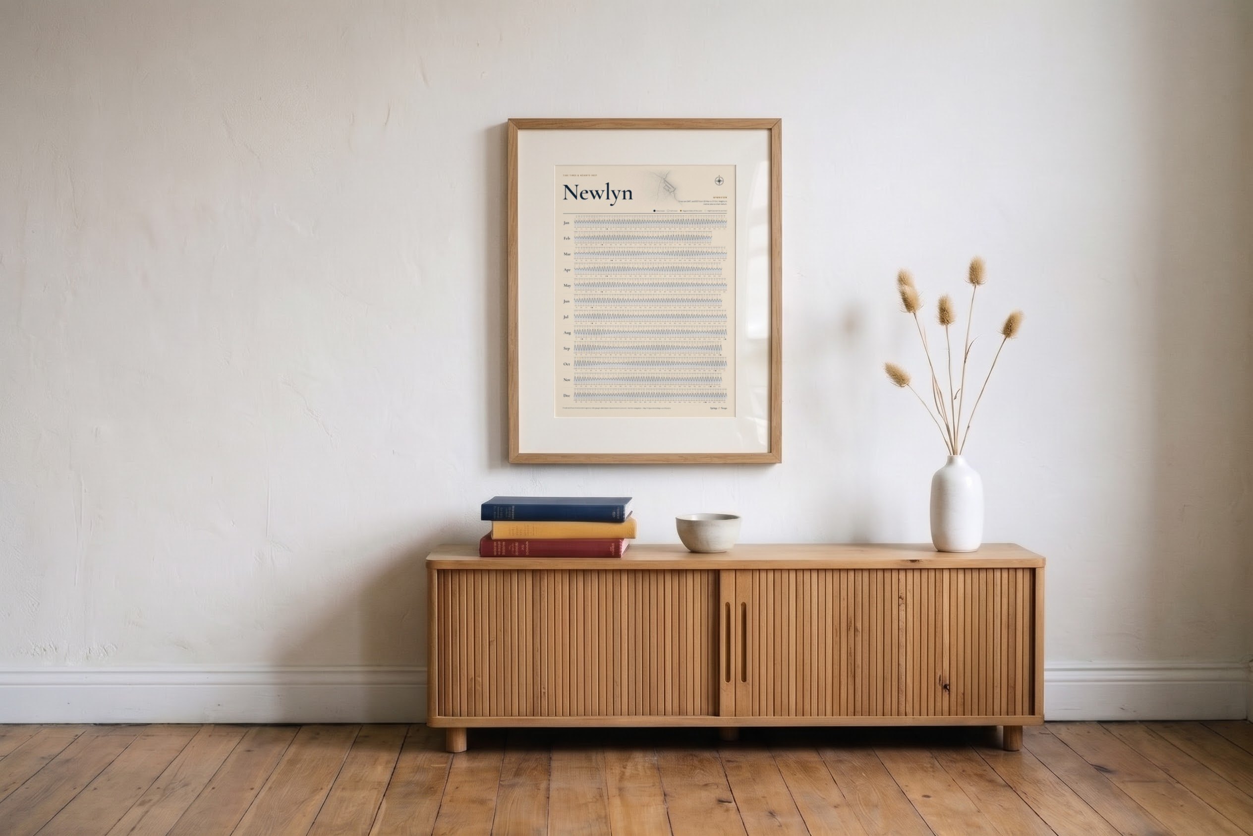 A Newlyn tide poster in an oak frame above a sideboard
